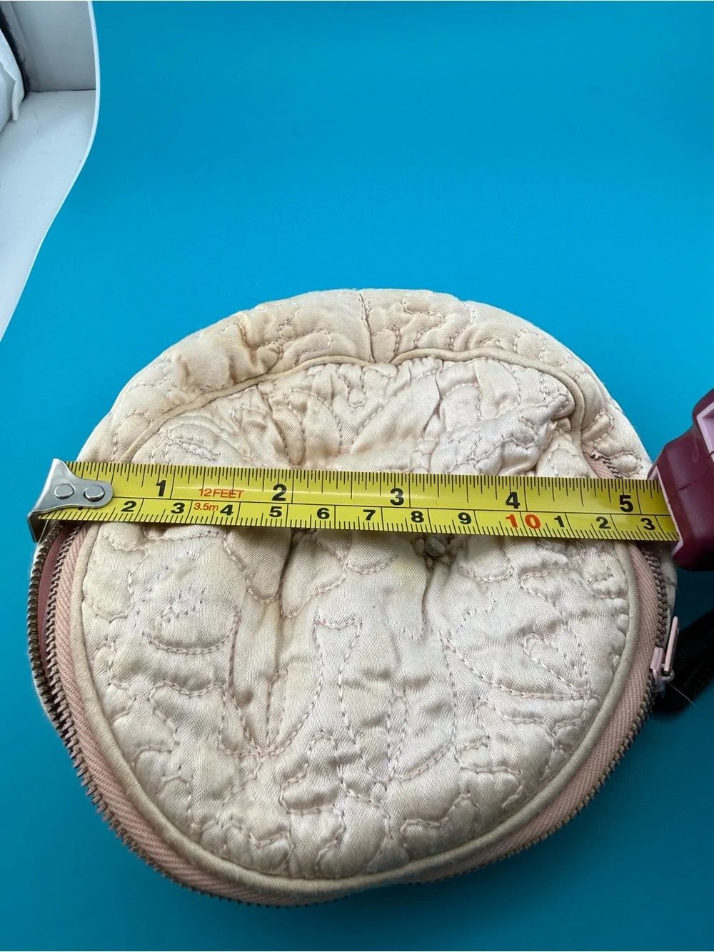 Vintage 1950s Quilted Satin Cosmetic Bag, Round Makeup Case, 5” Vanity Pouch